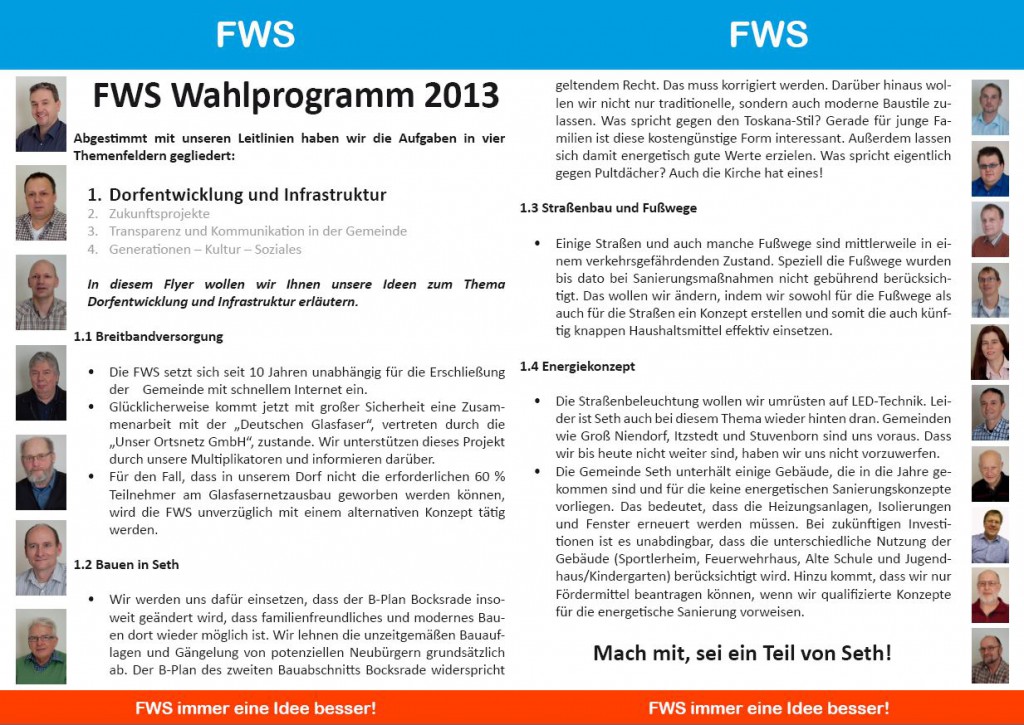 FWS Wahlprogramm 2013 / Dorfentwicklung und Infrastruktur Seite 2&3